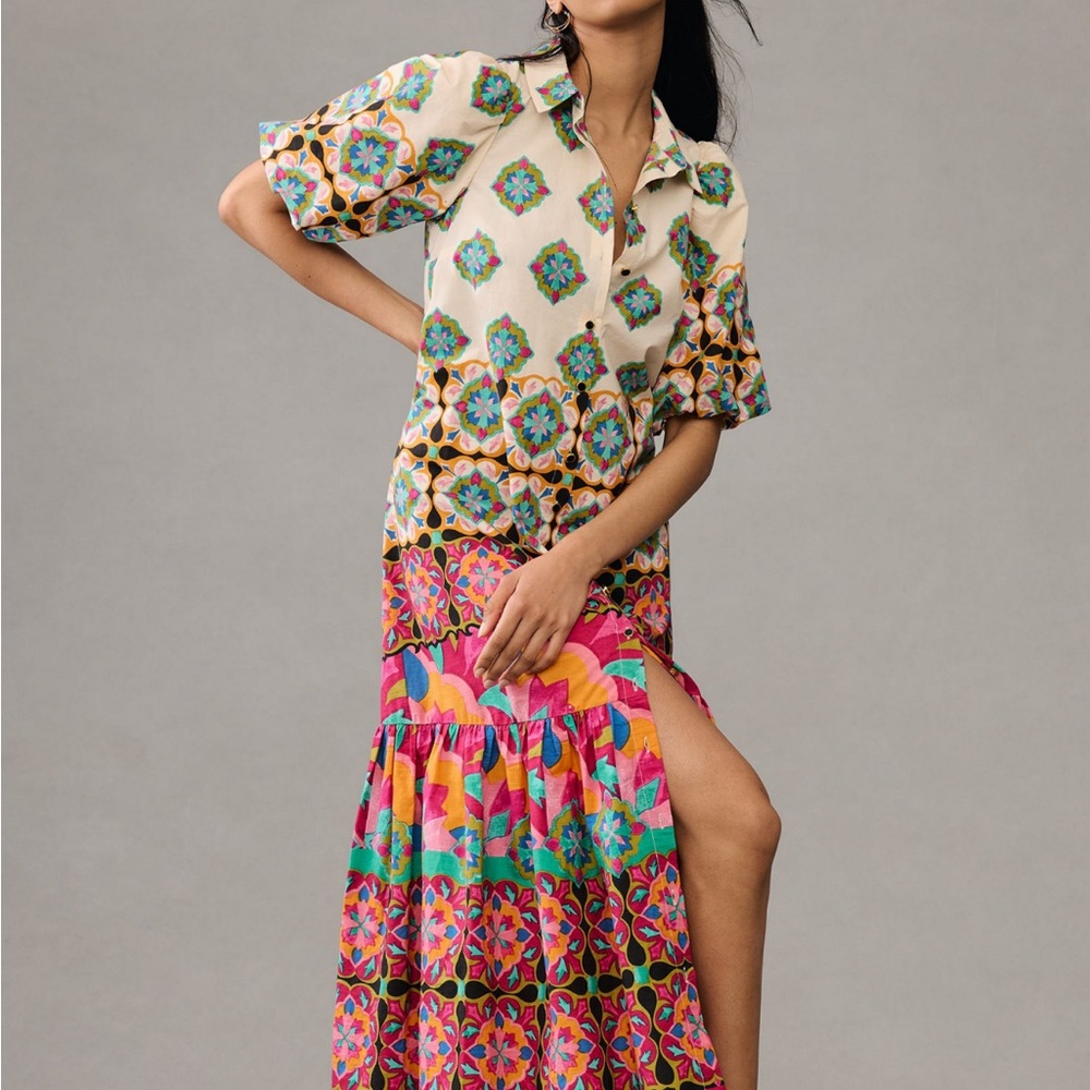 Anthropologie Mixed Print Buttondown Maxi Dress